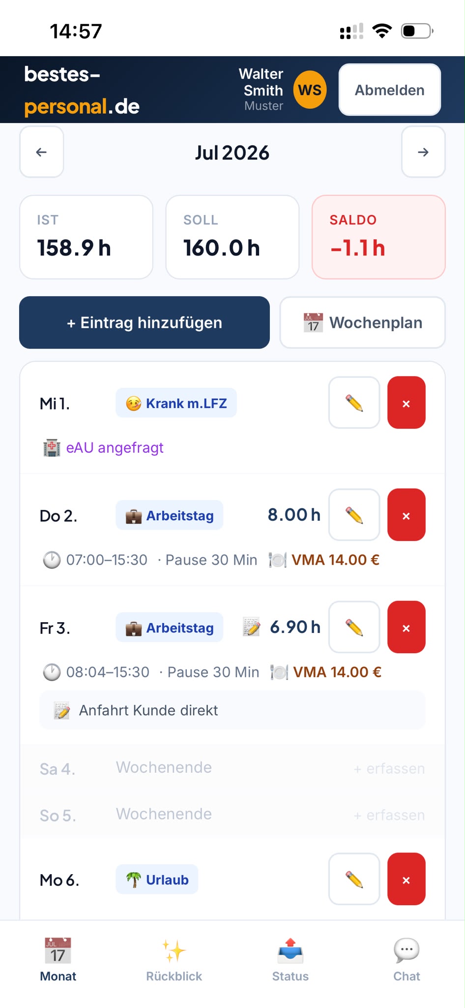 Für Arbeitnehmer: übersichtliche Darstellung erfasster Zeiten